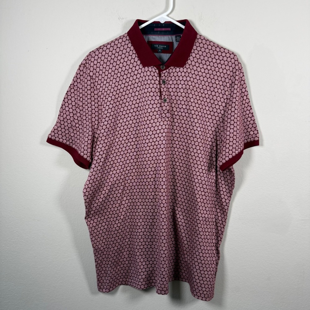 Ted Baker London Mens Burgundy Geometric Honeycomb Cotton Polo Shirt Size 6 l